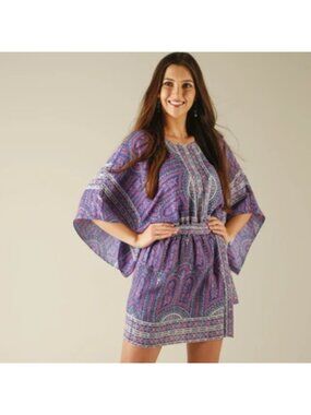 BCBGMaxAzria Navy Pink Paisley Tunic Dress Small Kimono Sleeve Boho
